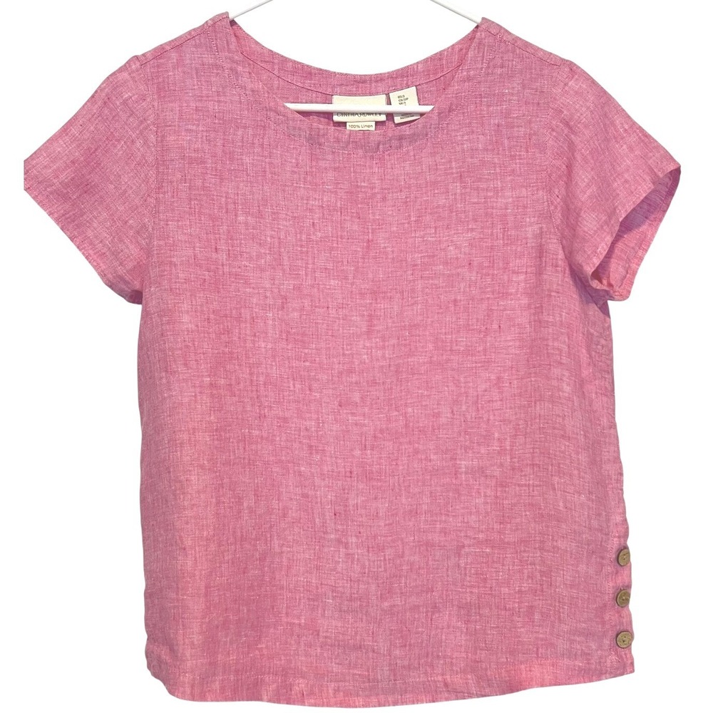 Cynthia Rowley Womens S Short Sleeve Top Pink 100% Linen Side Button Blouse